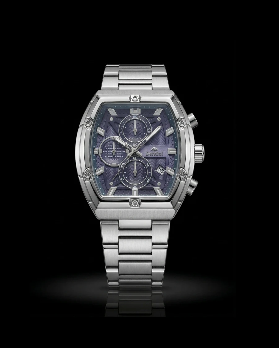 Bentini Volta Tonneau erkek kol saati — quartz, 44 mm kasa, çelik kordon