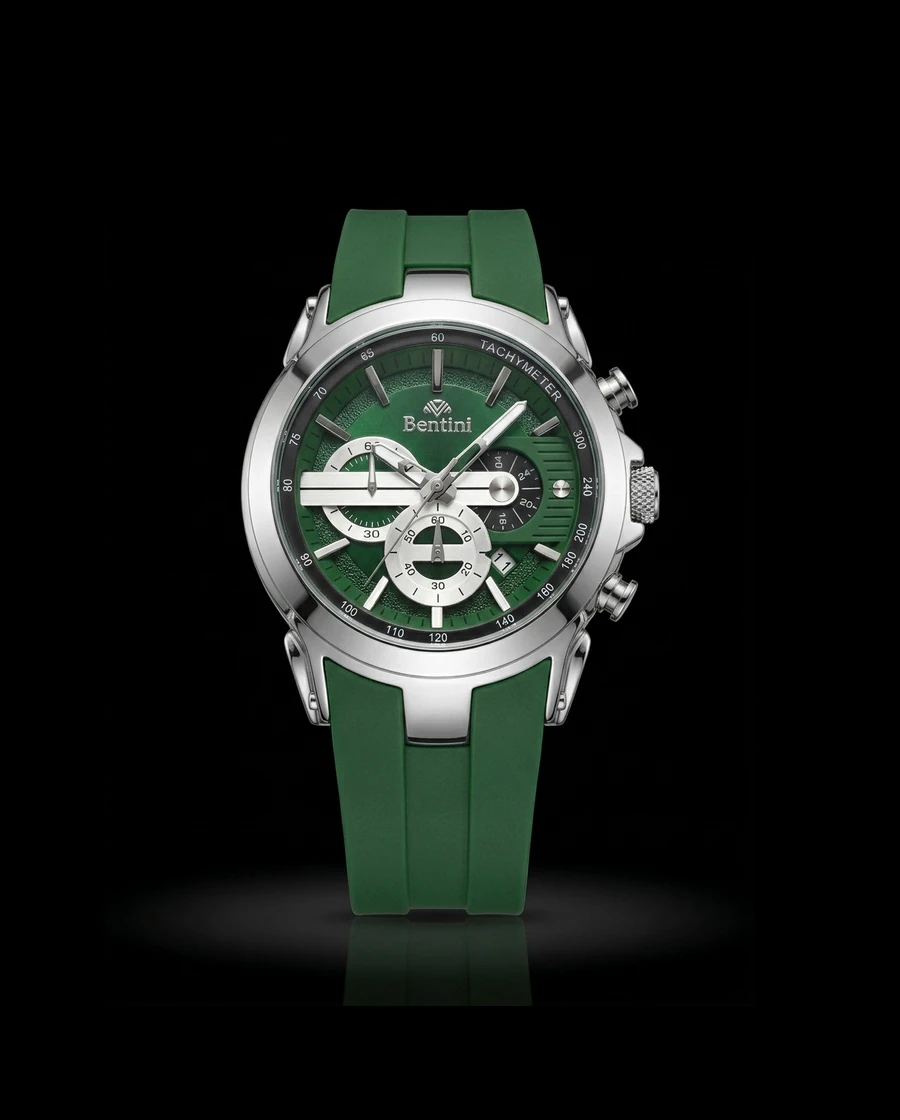 Bentini Verde kronograf — yeşil kadran, yeşil silikon kayış