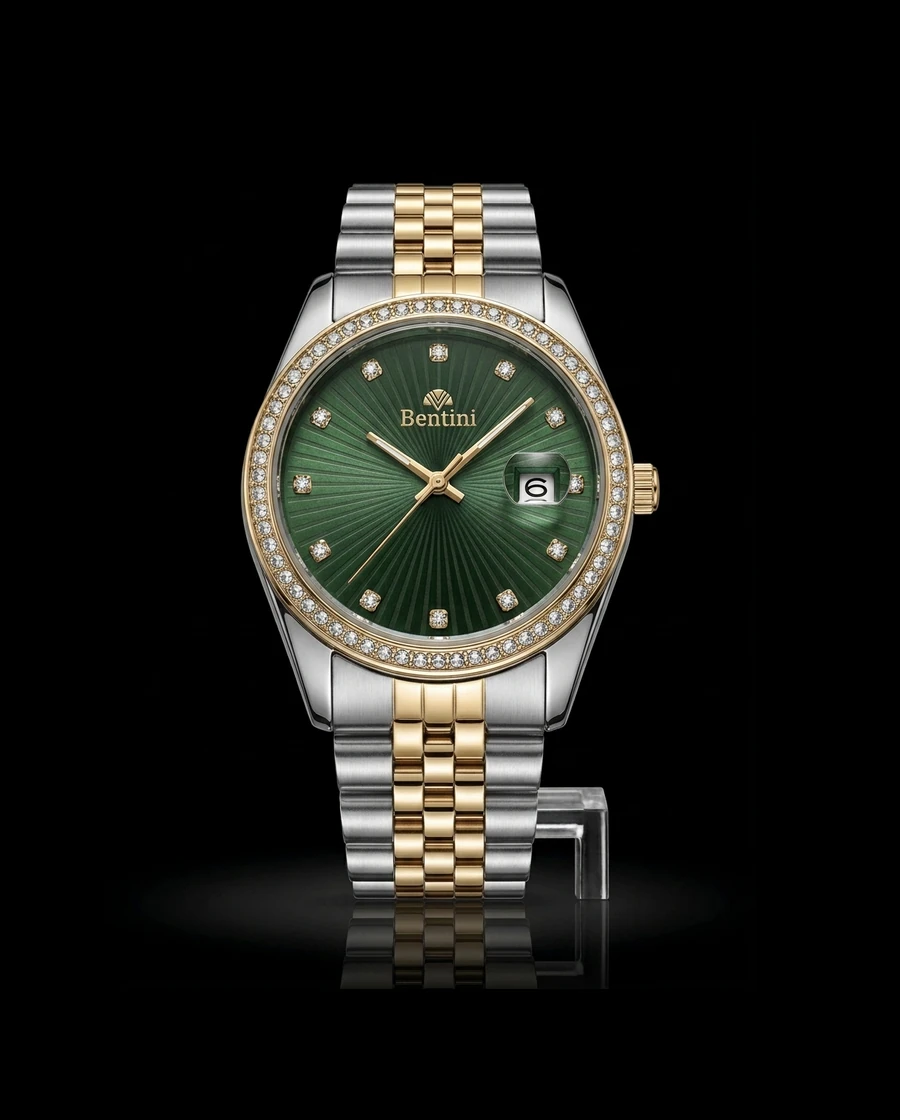 Bentini Smeralda kadın saati — yeşil sunburst kadran, taşlı bezel, çelik-altın jubilee kordon