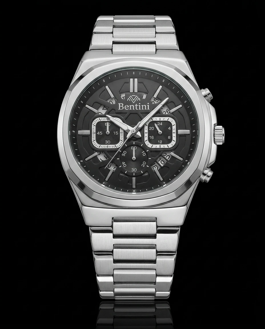 Bentini Fabrizio erkek kol saati — quartz, 44 mm kasa, çelik kordon